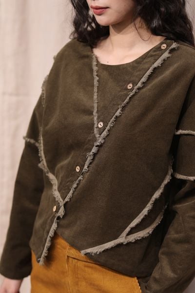 Áo nhung nẹp chéo pha biên - Rêu - F