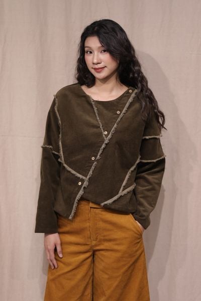 Áo nhung nẹp chéo pha biên - Rêu - F