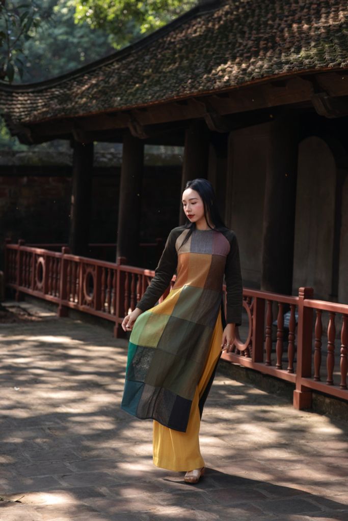 Áo dài can ô phối nhung - Rêu