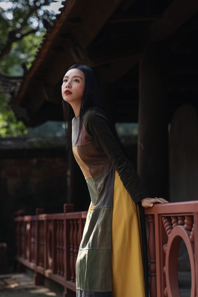 Áo dài can ô phối nhung - Rêu