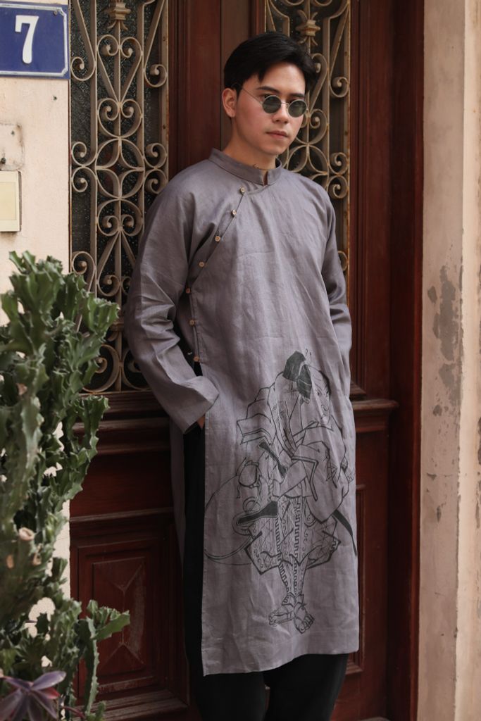 Áo dài nam vẽ - F - Ghi
