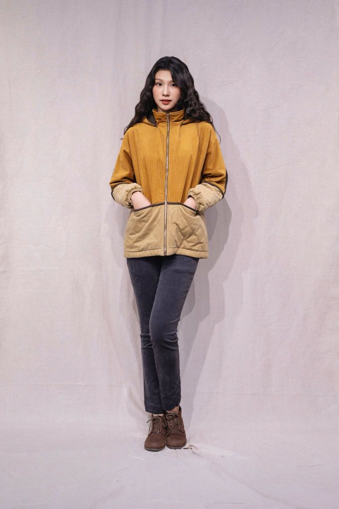 Áo khoác nhung chần bông có mũ - F - Vàng