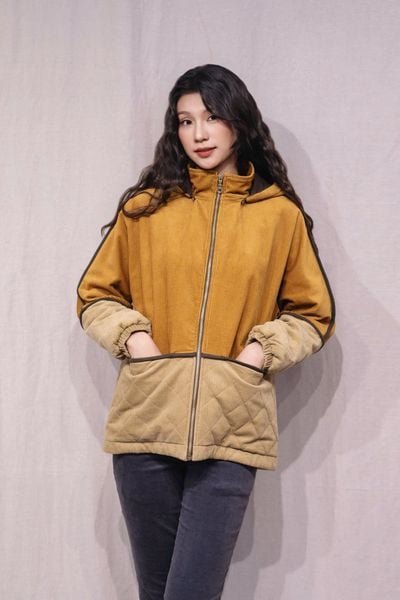 Áo khoác nhung chần bông có mũ - F - Vàng