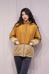 Áo khoác nhung chần bông có mũ - F - Vàng