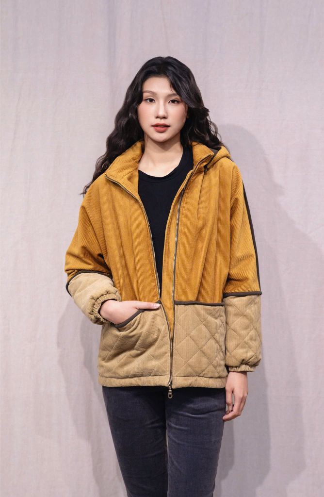 Áo khoác nhung chần bông có mũ - F - Vàng