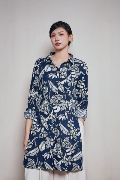 Áo sơ mi dáng dài có cổ - Navy