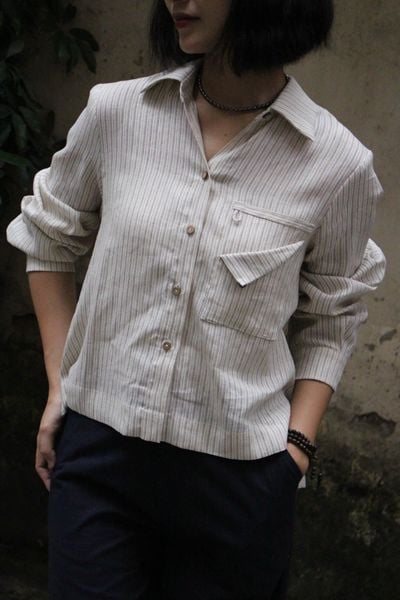 Áo sơ mi nẹp sườn - Beige kẻ ghi