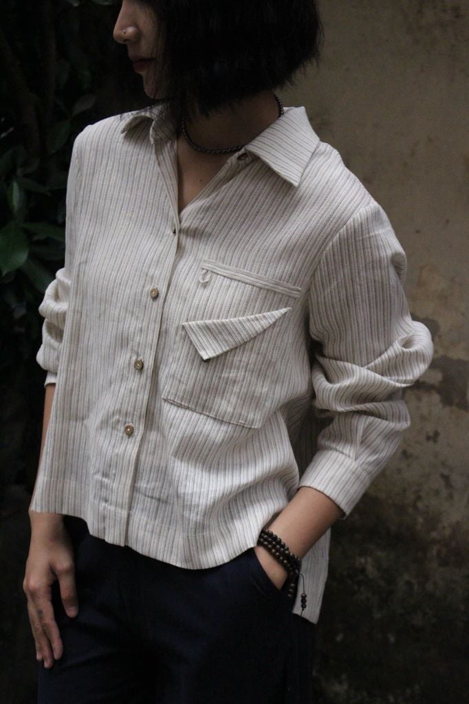 Áo sơ mi nẹp sườn - Beige kẻ ghi