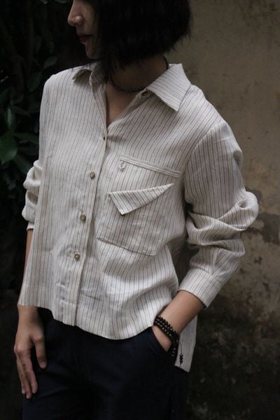 Áo sơ mi nẹp sườn - Beige kẻ ghi