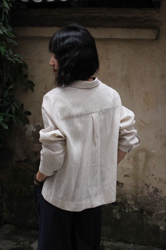 Áo sơ mi nẹp sườn - Beige kẻ ghi
