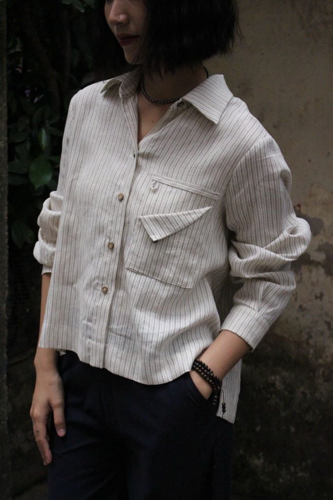 Áo sơ mi nẹp sườn - Beige kẻ ghi