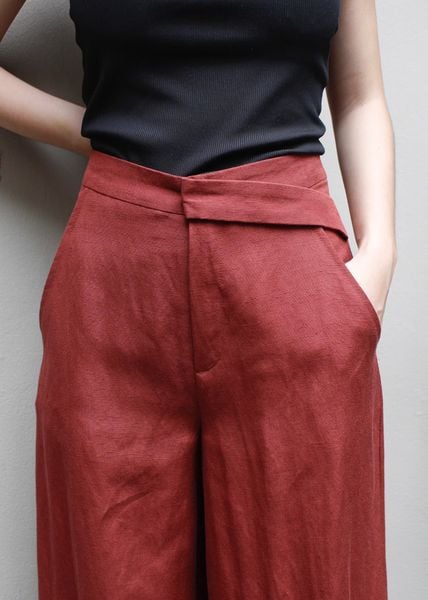 Quần ống rộng nẹp chéo linen - Đỏ trầu