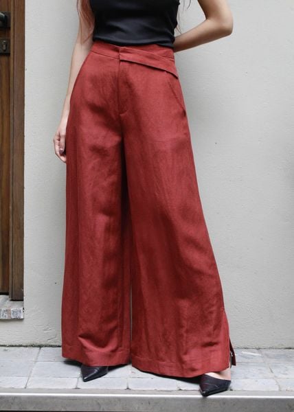 Quần ống rộng nẹp chéo linen - Đỏ trầu