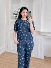 Đồ bộ dài thiết kế cổ giọt nước hoa hồng xanh