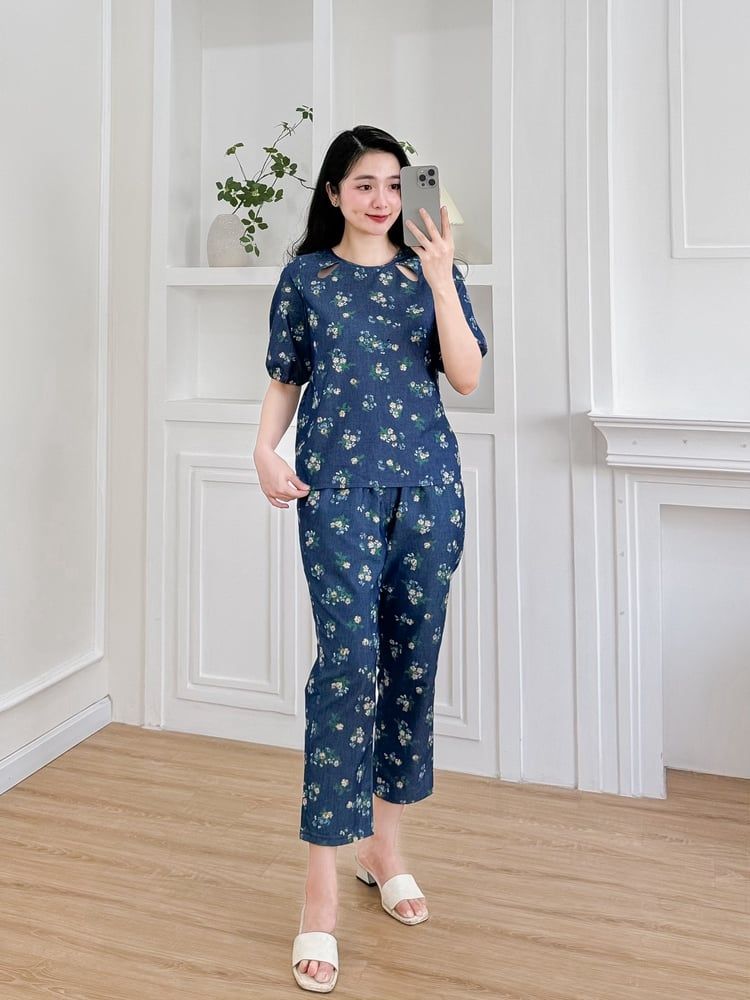 Đồ bộ dài thiết kế cổ giọt nước hoa hồng xanh