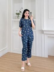 Đồ bộ dài thiết kế cổ giọt nước hoa hồng xanh