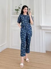 Đồ bộ dài thiết kế cổ giọt nước hoa hồng xanh