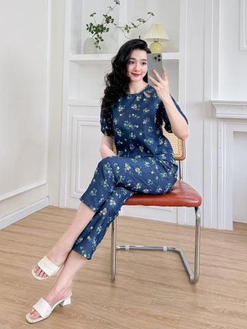 Đồ bộ dài thiết kế cổ giọt nước hoa hồng xanh