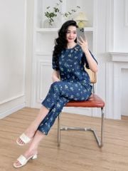 Đồ bộ dài thiết kế cổ giọt nước hoa hồng xanh