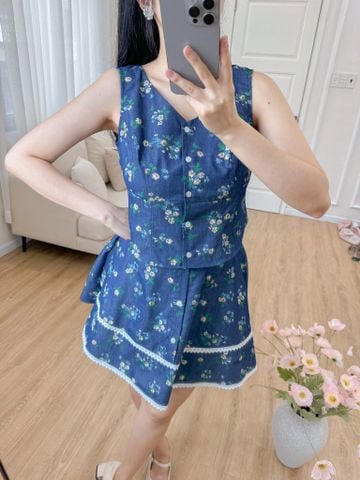 Sét bộ váy ghi lê chùm hoa hồng xanh 2609