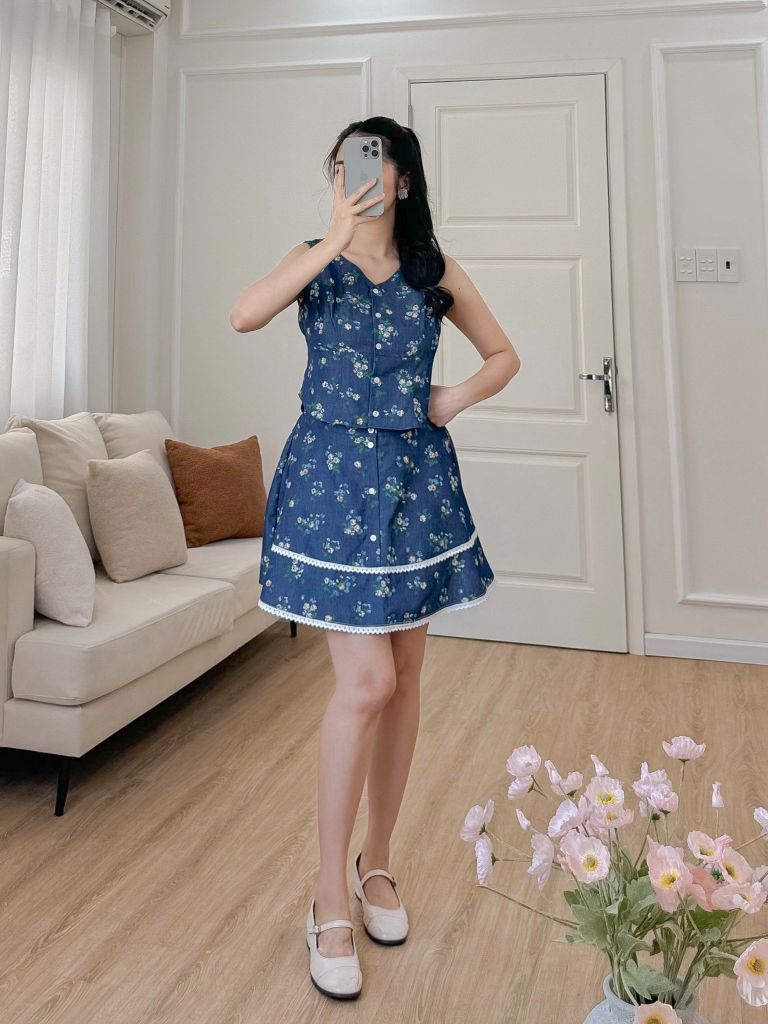 Sét bộ váy ghi lê chùm hoa hồng xanh 2609