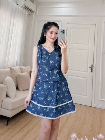 Sét bộ váy ghi lê chùm hoa hồng xanh 2609