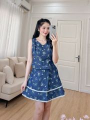 Sét bộ váy ghi lê chùm hoa hồng xanh 2609