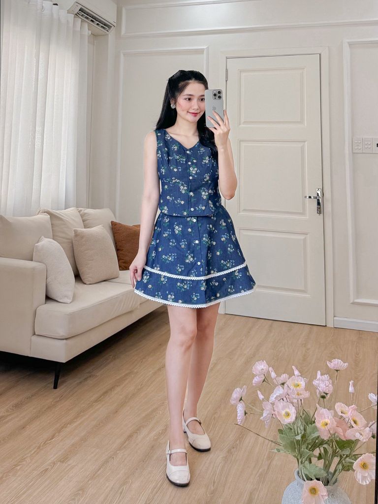 Sét bộ váy ghi lê chùm hoa hồng xanh 2609