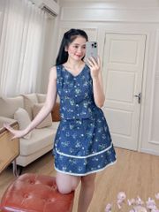 Sét bộ váy ghi lê chùm hoa hồng xanh 2609