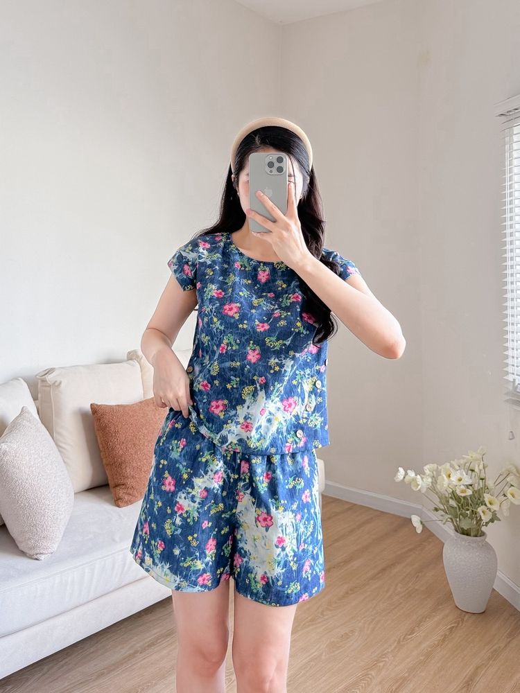 Đồ bộ đùi có tay cánh tiên hoa hoa đào hồng