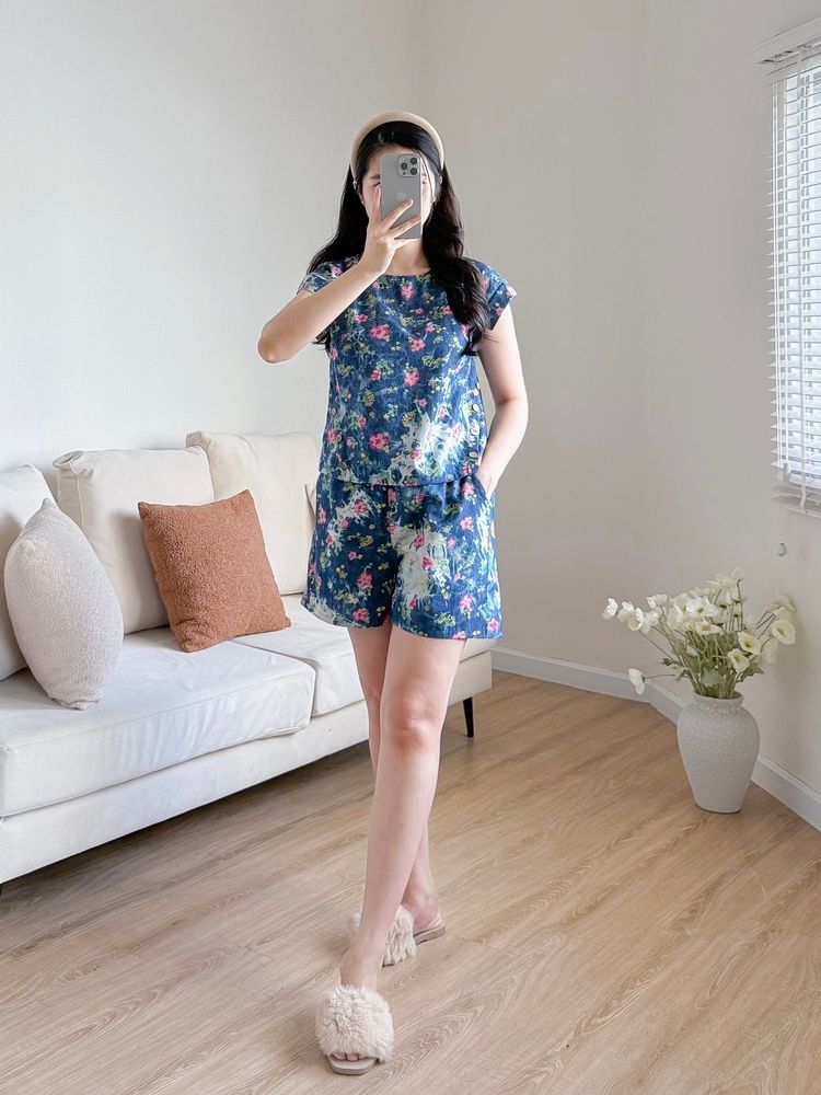 Đồ bộ đùi có tay cánh tiên hoa hoa đào hồng