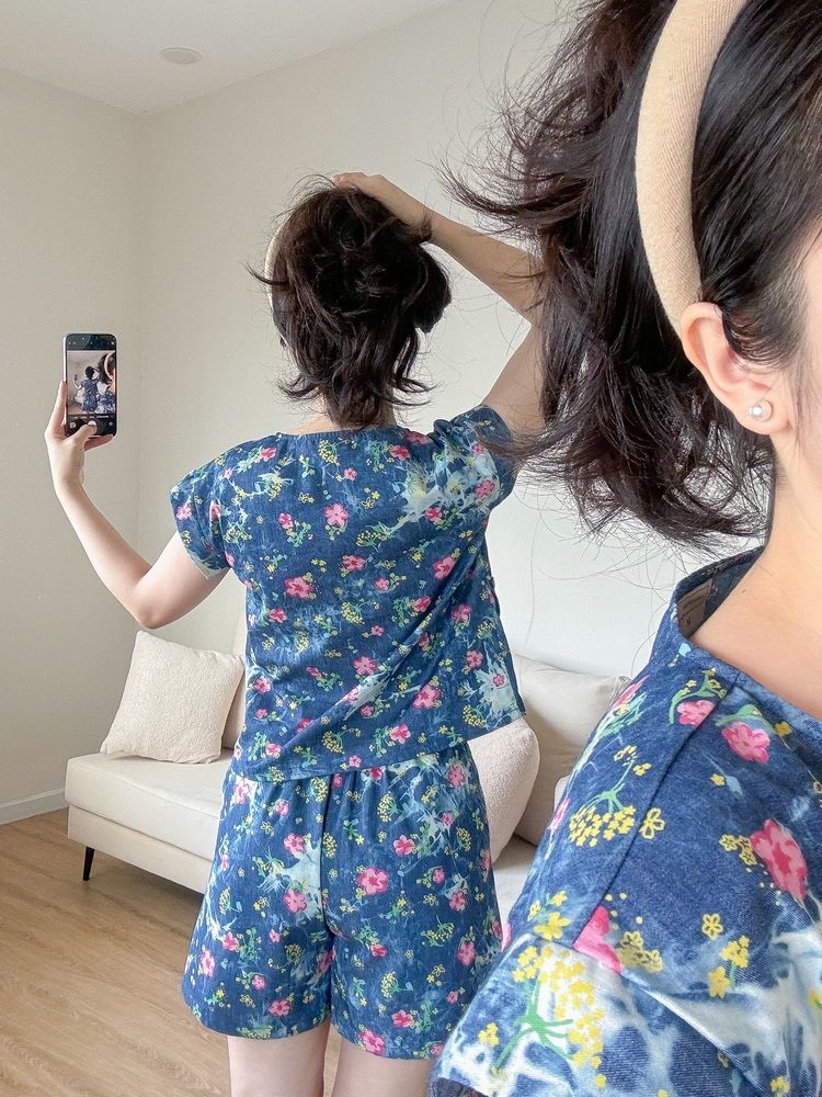 Đồ bộ đùi có tay cánh tiên hoa hoa đào hồng