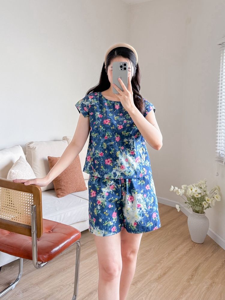 Đồ bộ đùi có tay cánh tiên hoa hoa đào hồng