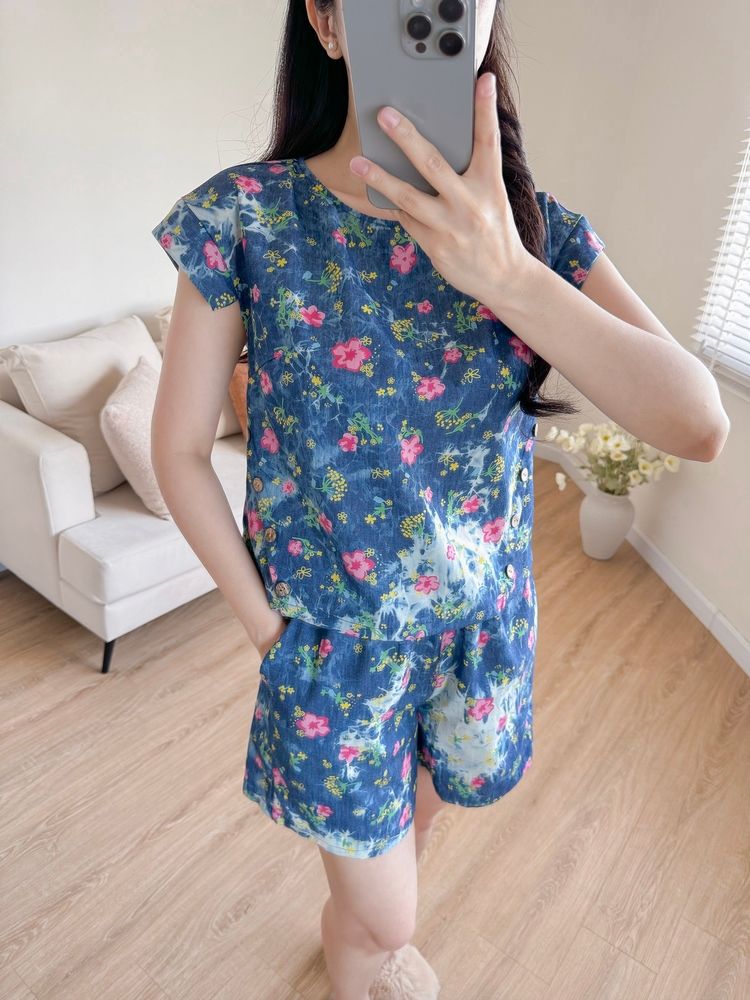 Đồ bộ đùi có tay cánh tiên hoa hoa đào hồng