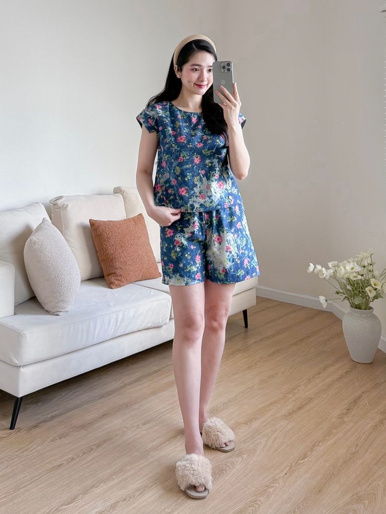 Đồ bộ đùi có tay cánh tiên hoa hoa đào hồng