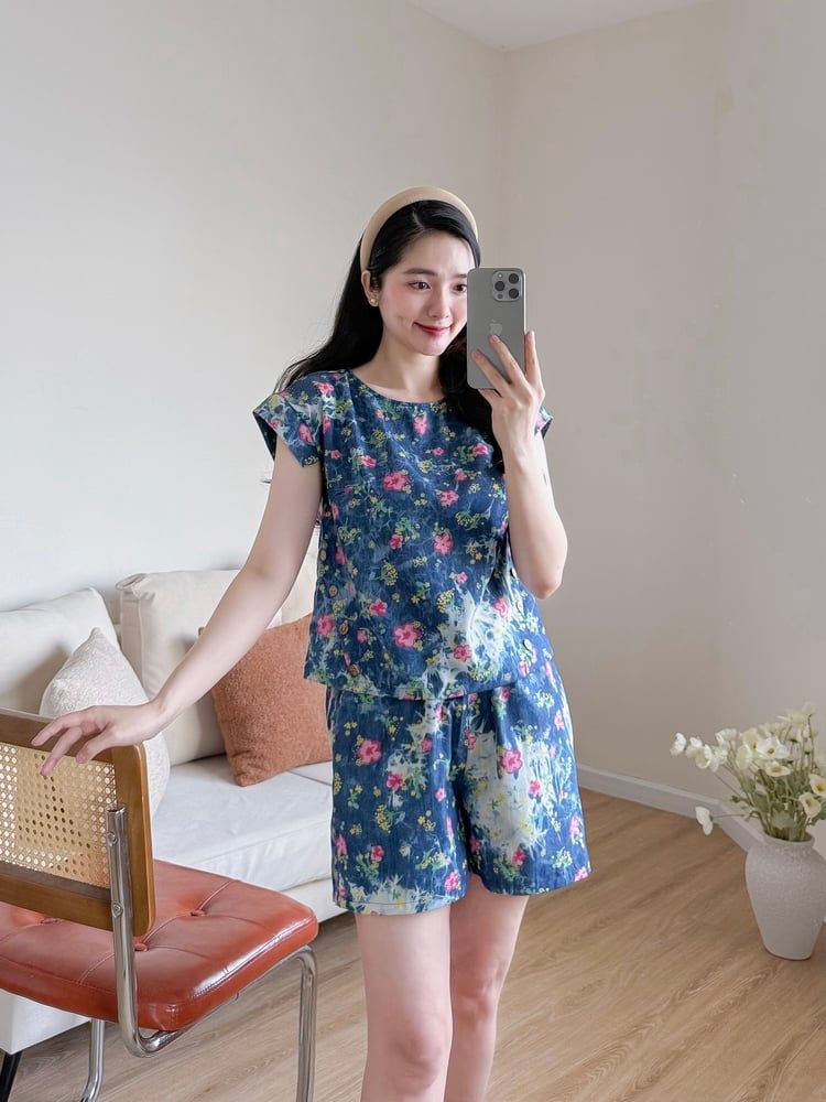 Đồ bộ đùi có tay cánh tiên hoa hoa đào hồng