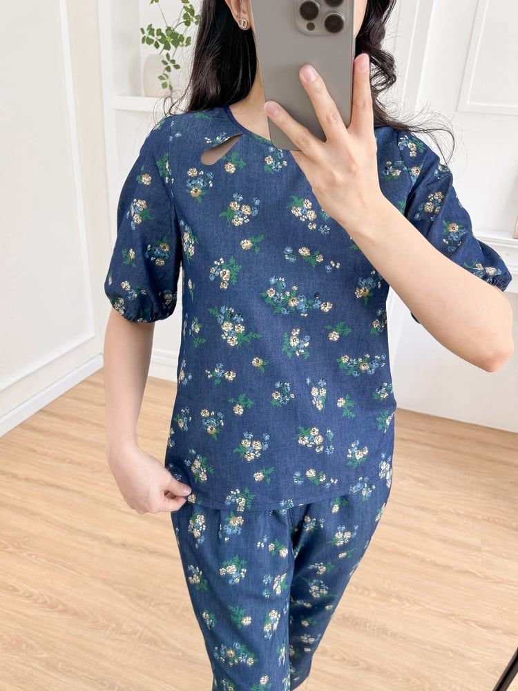 Đồ bộ dài thiết kế cổ giọt nước hoa hồng xanh