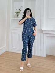 Đồ bộ dài thiết kế cổ giọt nước hoa hồng xanh