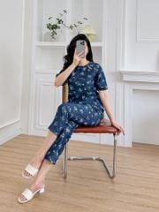 Đồ bộ dài thiết kế cổ giọt nước hoa hồng xanh