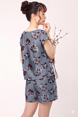 Đồ bộ đùi có tay cánh tiên hoa trà đỏ