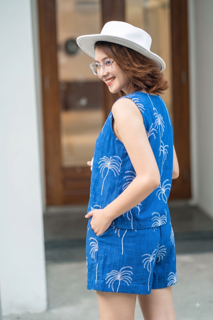 Đồ bộ đùi có tay cổ V cây dừa