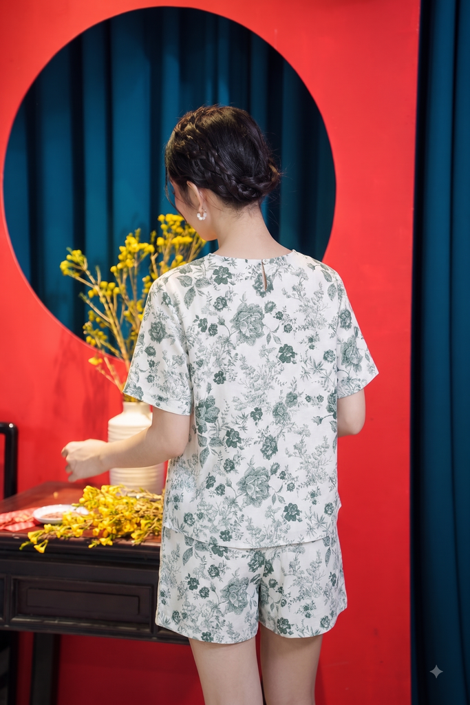 Đồ bộ đùi có tay cổ V hoa xanh rêu