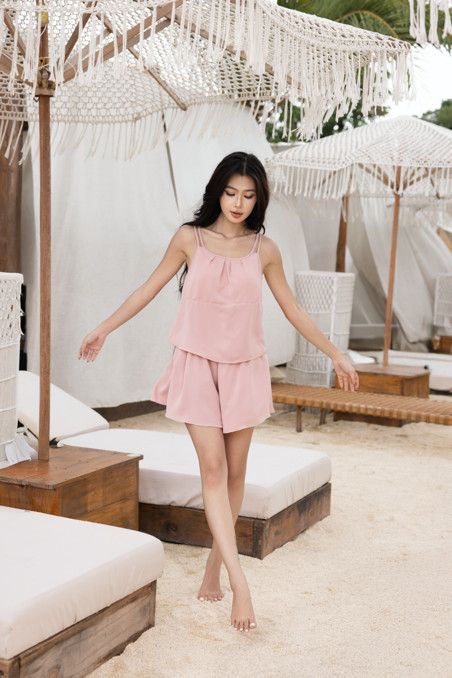 Đồ bộ đùi thiết kế 2 dây rayon hồng phấn