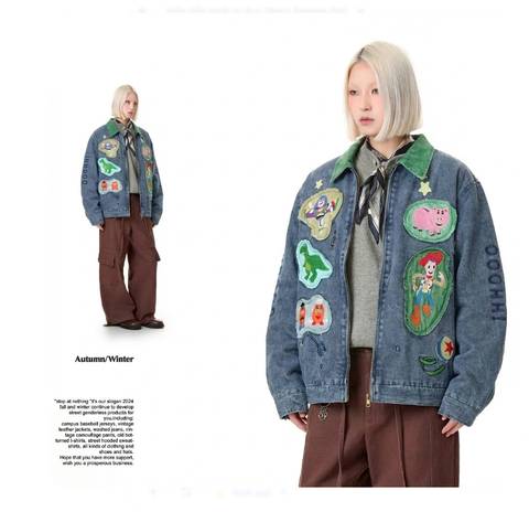 WES®️| ÁO KHOÁC DENIM CỔ BẺ THÊU HỌA TIẾT ĐỘNG VẬT RETRO UNISEX WES2026