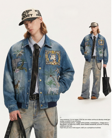 WES®️| ÁO KHOÁC DENIM CỔ BẺ THÊU HỌA TIẾT ĐỘNG VẬT RETRO UNISEX WES2026