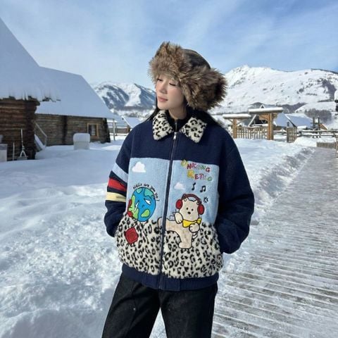 WES®️| ÁO KHOÁC LEN LÔNG CỪU THÊU HỌA TIẾT HOẠT HÌNH DÁNG RỘNG VINTAGE UNISEX 2685