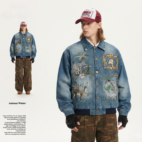 WES®️| ÁO KHOÁC DENIM CỔ BẺ THÊU HỌA TIẾT ĐỘNG VẬT RETRO UNISEX WES2026