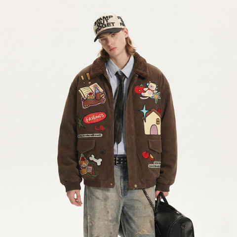 WES®️| ÁO KHOÁC CỔ BẺ DA LỘN PU THÊU HỌA TIẾT RETRO UNISEX WES2026