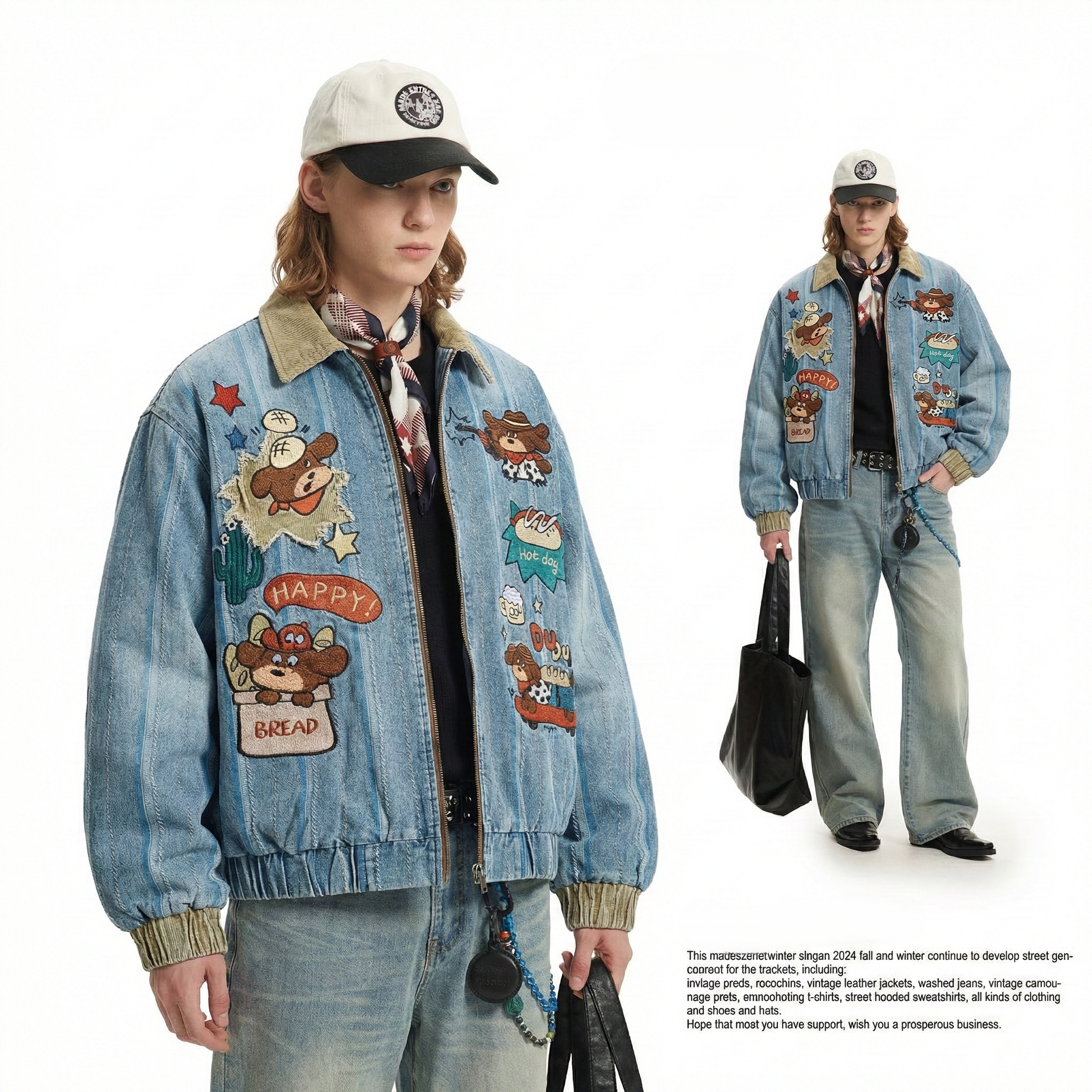 WES®️| ÁO KHOÁC DENIM CỔ BẺ THÊU HỌA TIẾT ĐỘNG VẬT RETRO UNISEX WES6178