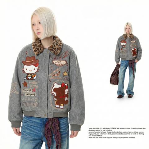 WES®️| ÁO KHOÁC CỔ BẺ ZANZI THÊU HỌA TIẾT HELLO KITTY RETRO UNISEX WES2026